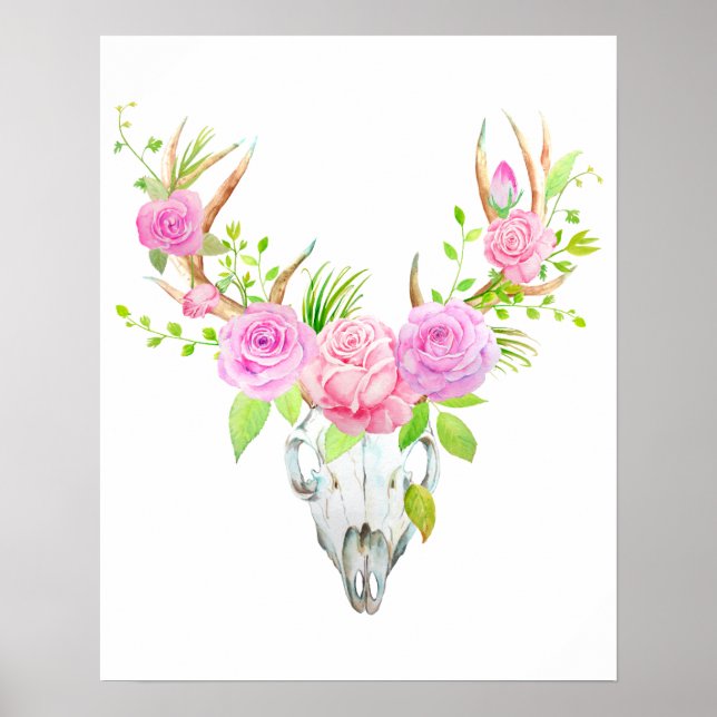 Poster Aquarelle Rose Deer Crâne Art Imprimer (Devant)