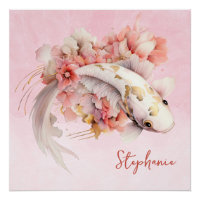 Aquarelle rose or Koi poisson floral personnalisé