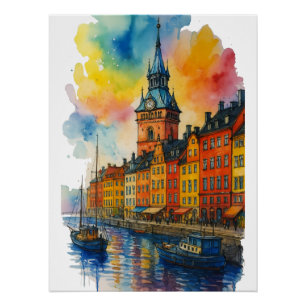 Poster Aquarelle Stockholm Suède Vieille Ville Gamla Stan