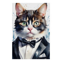 Aquarelle Tabby Cat dans une Cravate Tuxedo et Bla
