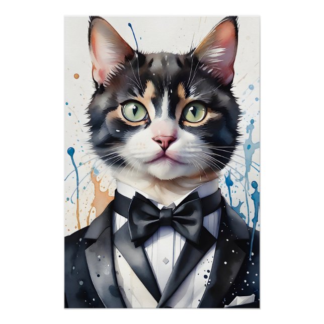 Poster Aquarelle Tabby Chat dans le gilet Tuxedo Cravate  (Devant)