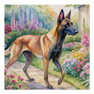 Poster Aquarelle Tricolore Malinois Belge dans le Jardin