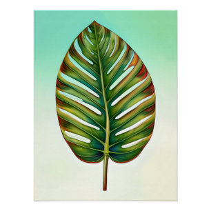 Poster Aquarelle Vert Turquoise jaune rouge Feuille tropi