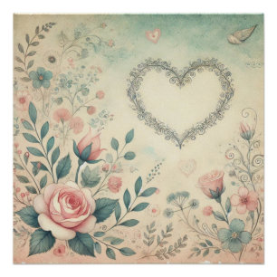 Poster Aquarelle vintage au coeur de Valentine