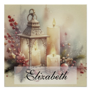 Poster Aquarelle vintage lanterne de Noël et ornements