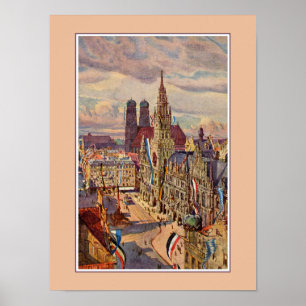 Poster Aquarelle vintage Munich Marienplatz