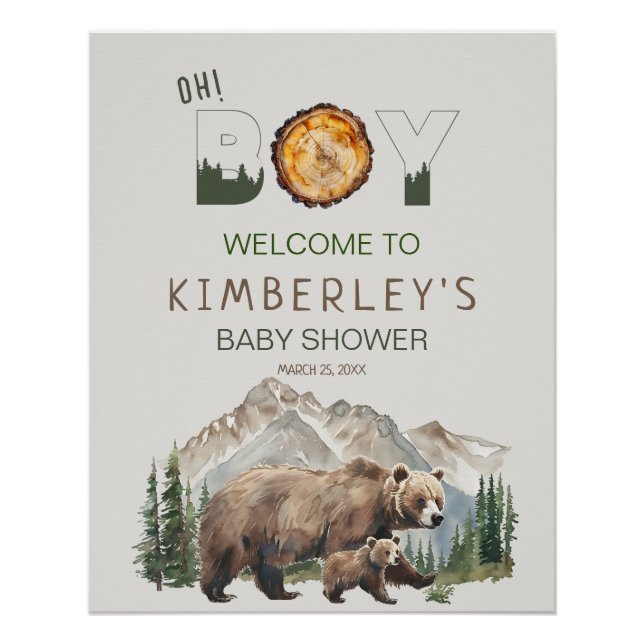 Poster Aquarelle Woodland Oh Boy Bear Baby shower (Devant)