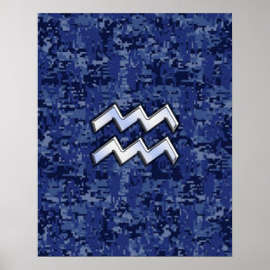 Poster Aquarius Zodiac Symbol on navy blue digital camo
