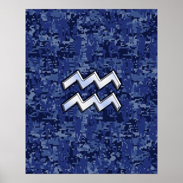 Poster Aquarius Zodiac Symbol on navy blue digital camo (Devant)