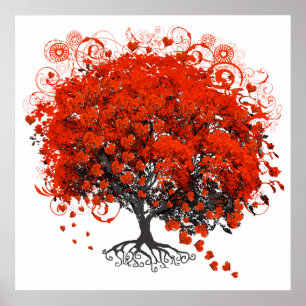 Poster Arbre à feuilles en forme de cœur rouge