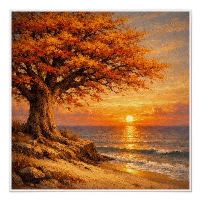 Poster Arbre d'automne avec papillons au lever du soleil (Devant)