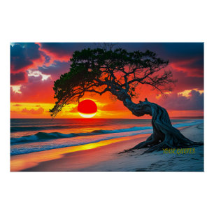 Poster Arbre de coucher de soleil dramatique sur l'océan 