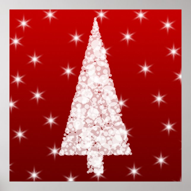 Poster Arbre de Noël blanc avec étoiles en rouge. (Devant)