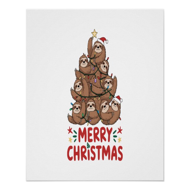 Poster Arbre de Noël de paresseux Joyeuses Fêtes (Devant)