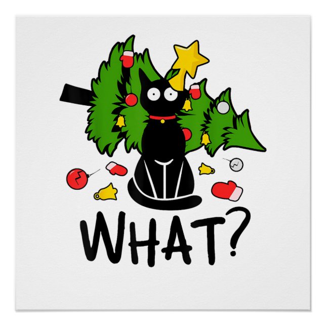 Poster Arbre de Noël drôle de chat noir Noël joyeux Santa (Devant)