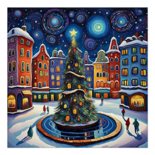Poster Arbre de Noël en ville carré 1