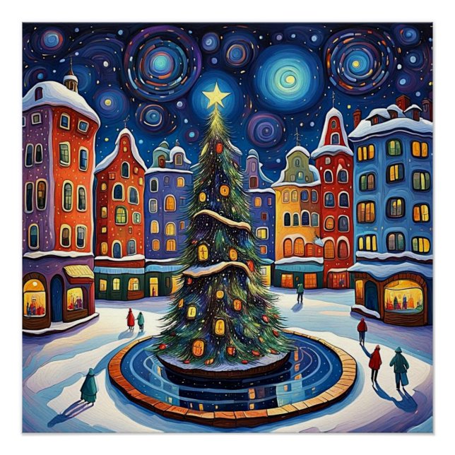 Poster Arbre de Noël en ville carré 1 (Devant)