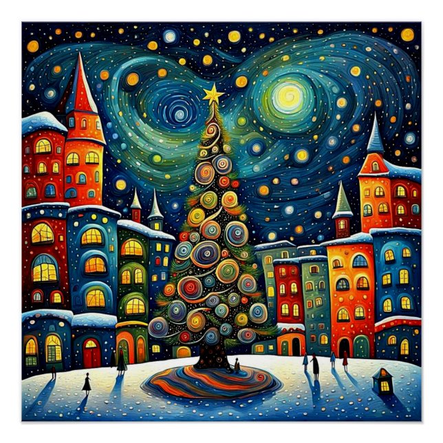 Poster Arbre de Noël en ville carré 2 (Devant)