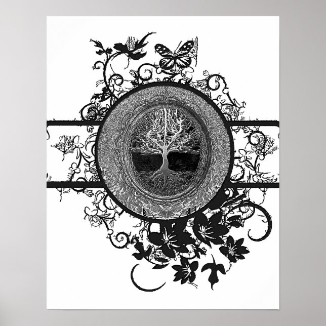 Poster Arbre de vie noir et blanc avec fleurs (Devant)