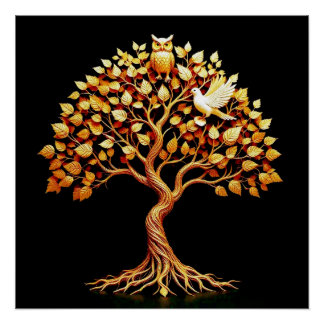 Poster Arbre d'or avec la Chouette et la Colombe