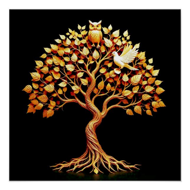 Poster Arbre d'or avec la Chouette et la Colombe (Devant)