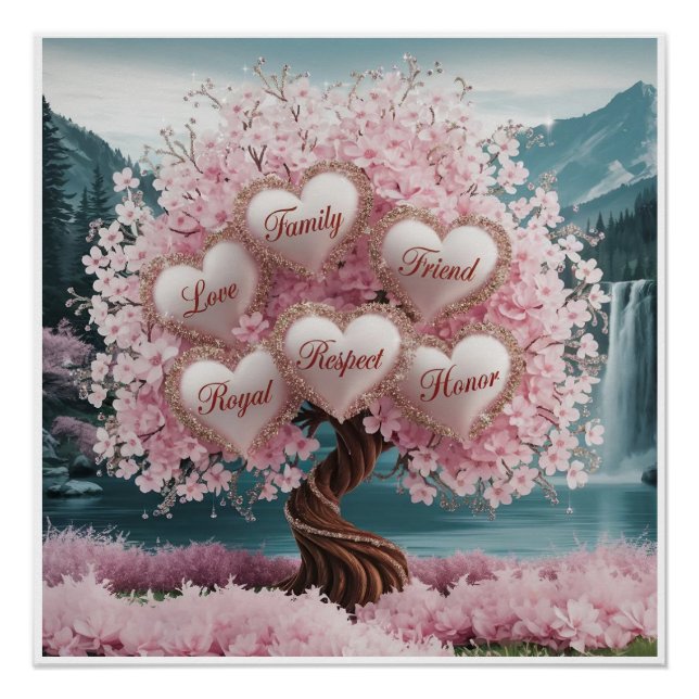 Poster Arbre en fleur de cerisier 3D avec Parties scintil (Devant)
