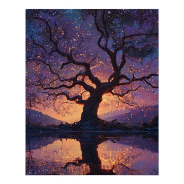 Poster Arbre Enchanté Reflet Violet Crépusculaire Art (Devant)