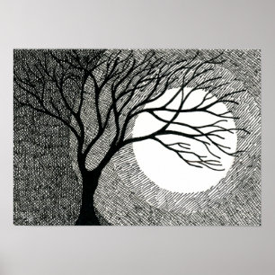 Poster Arbre et lune d'hiver en noir et blanc