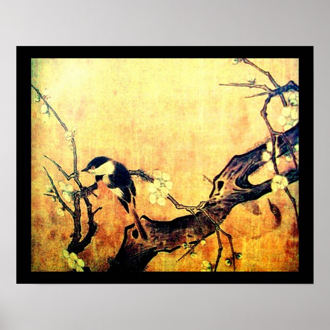 Poster ARBRE FLEURI ET OISEAU DE PRINTEMPS Jaune Brun Noi (Devant)