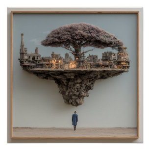Poster Arbre Fleurissant de Ville en Ruines Flottante Sur