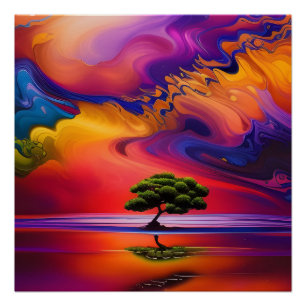 Poster Arbre solitaire dans l'eau ciel coloré