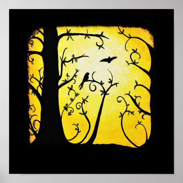 Poster Arbre tourbillon jaune d'été avec oiseaux (Devant)