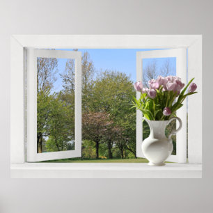 Poster Arbres au printemps - Vue de fenêtre ouverte avec