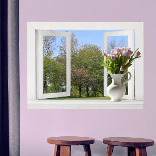 Poster Arbres au printemps - Vue sur fenêtre ouverte avec