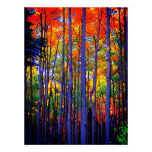 Poster Arbres d'automne aux troncs bleus et aux feuilles