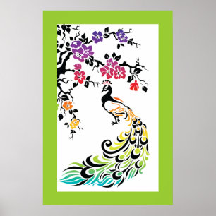 Poster Arc-en-ciel, paon noir et fleurs de cerisiers