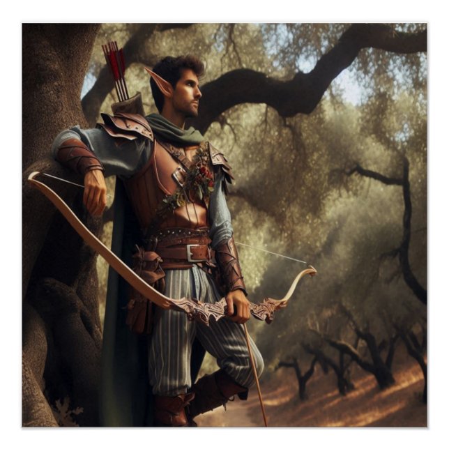Poster Archer d'elfe Imaginaire reposant dans la forêt de (Devant)