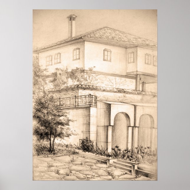 Poster Architecture Traditional house Drawing sketch art (Devant)