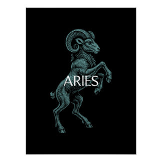Poster Aries Zodiac – Vintage Ram in Teal on Black