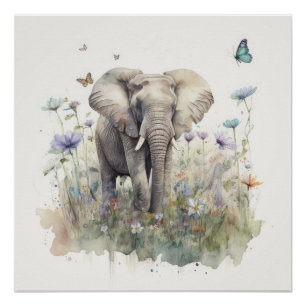 Poster Art à l'aquarelle de l'éléphant
