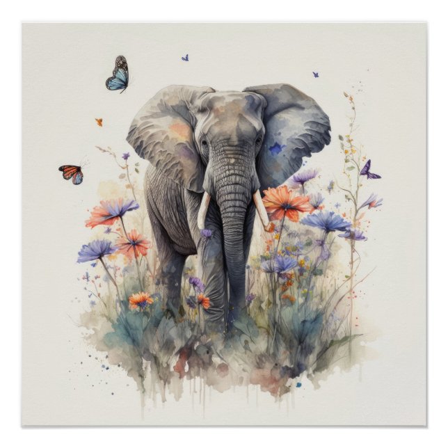 Poster Art à l'aquarelle de l'éléphant (Devant)