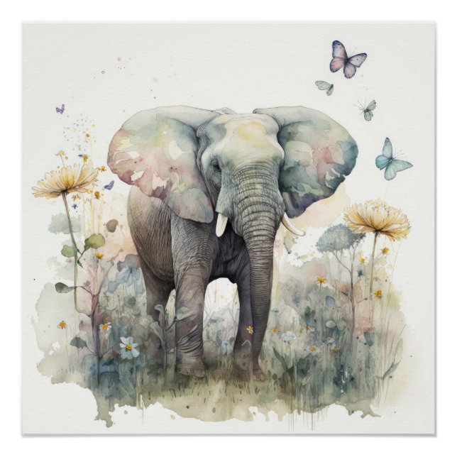 Poster Art à l'aquarelle de l'éléphant (Devant)