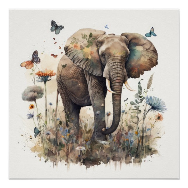 Poster Art à l'aquarelle de l'éléphant (Devant)