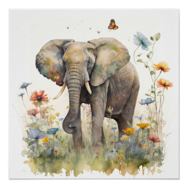 Poster Art à l'aquarelle de l'éléphant (Devant)