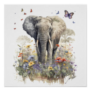 Poster Art à l'aquarelle de l'éléphant