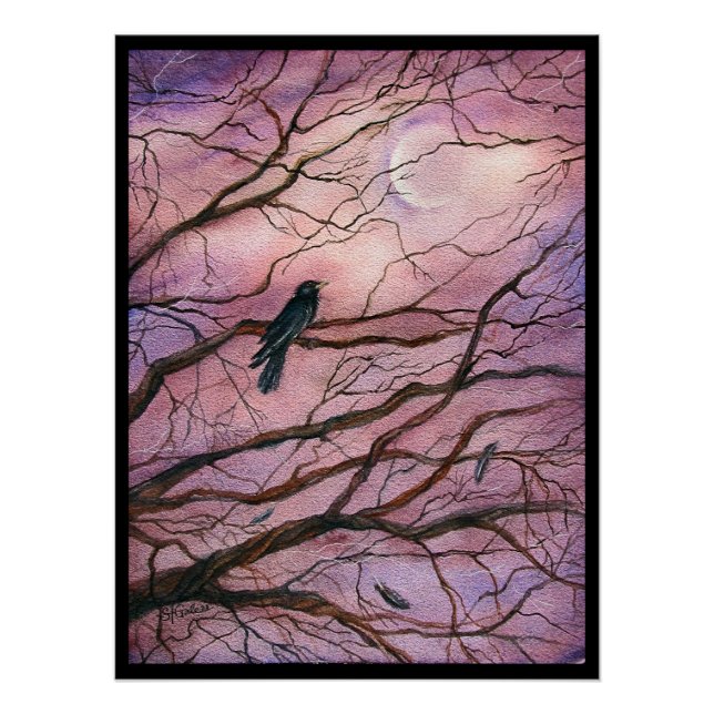 Poster Art aquarelle Corbeau Clair de Lune (Devant)