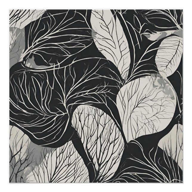 Poster Art botanique de feuilles en noir et blanc (Devant)
