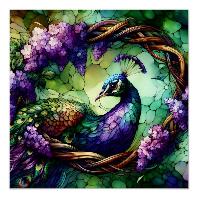 Poster Art de couronne florale de paon en verre coloré (Devant)