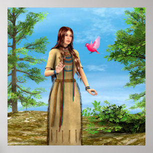 Poster Art de femme amérindienne forêt oiseau
