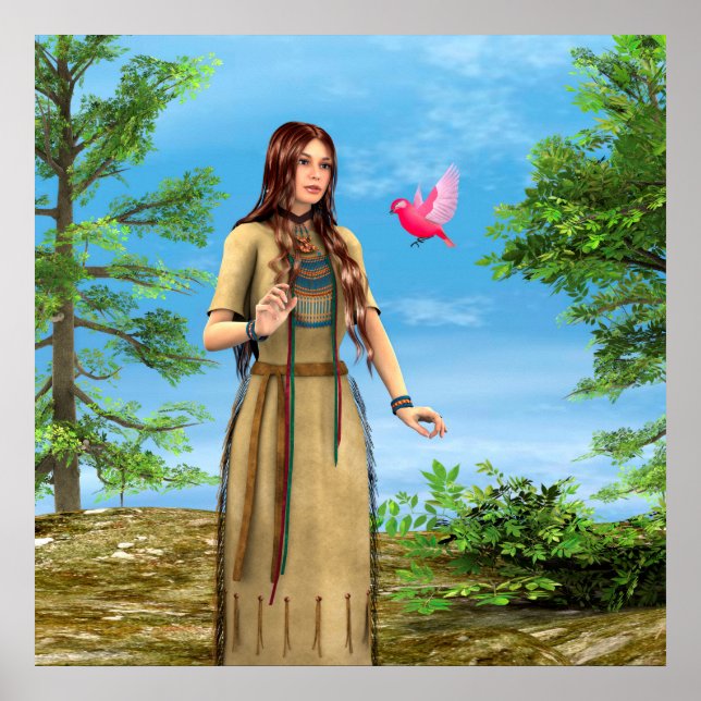 Poster Art de femme amérindienne forêt oiseau (Devant)